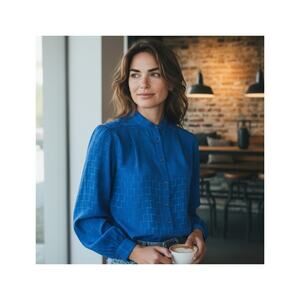 Vintage Judy Bond Blue Textured Mod Geometric Silky Button Front Blouse Medium